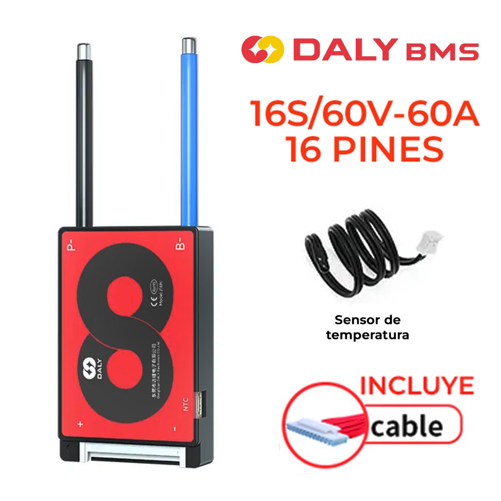 BMS DALY 16S/60V-60A SISTEMA GESTIÓN PARA BATERÍAS DE LITIO + SENSOR TEMPERATURA + CABLE 16 PINES INCLUIDO?1785194411